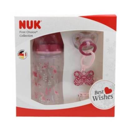 Nuk Baby Set Biberão Fc+0-6 M 300 Ml+chupeta Hd Silicone Com Cadeia Menina